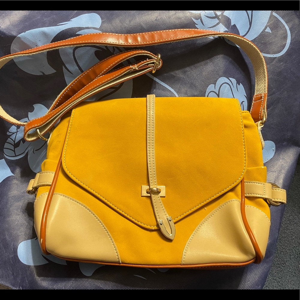 Yellow Velvet and Leather Purse Crossbody Bag